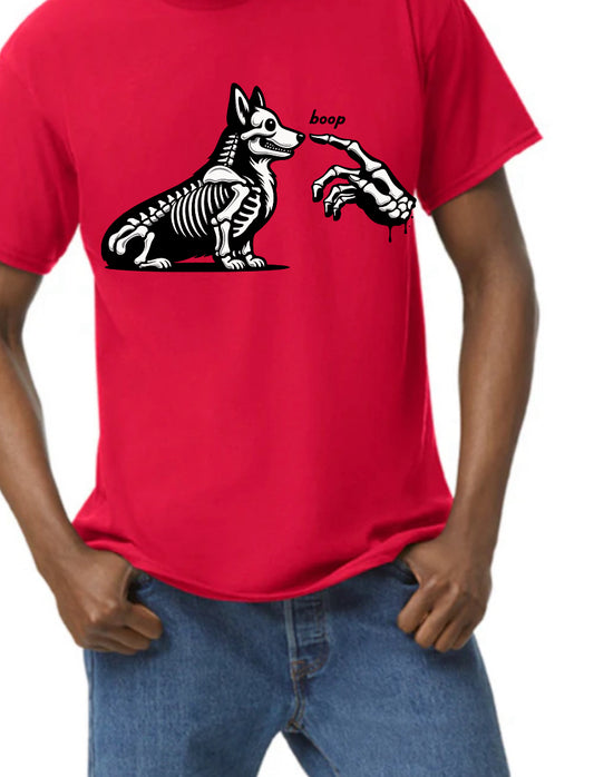 New  unisex T-shirt scary Halloween corgi  skeleton red