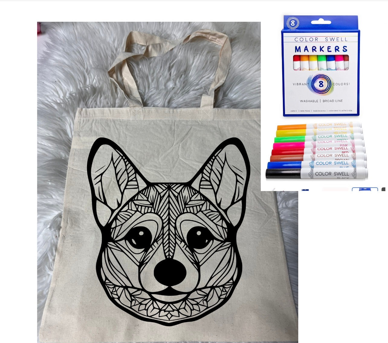 Canvas bag for drawing comes with a pack of markers dog