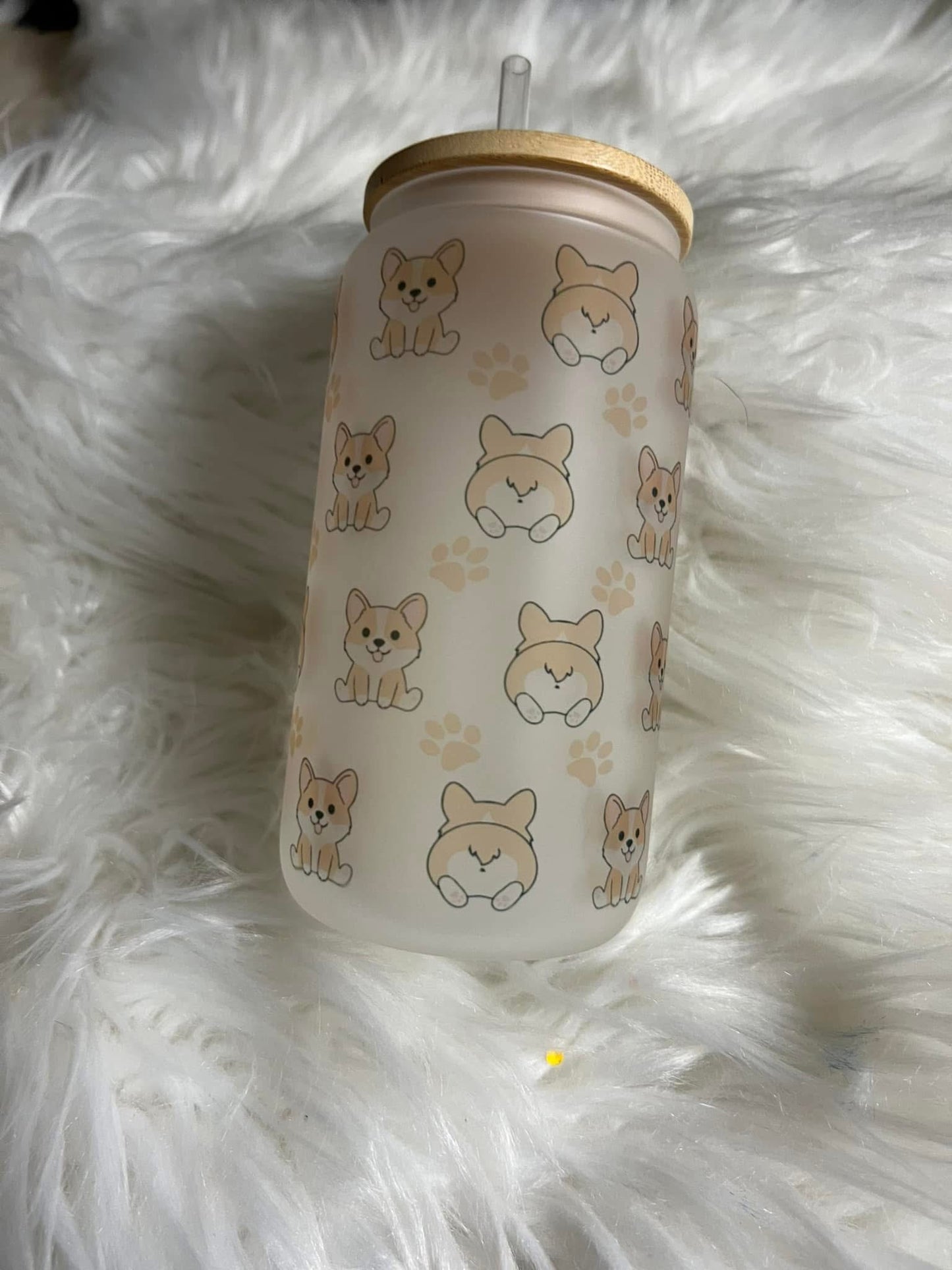 Brand new 16 ounce glass cup with plastic straw corgis