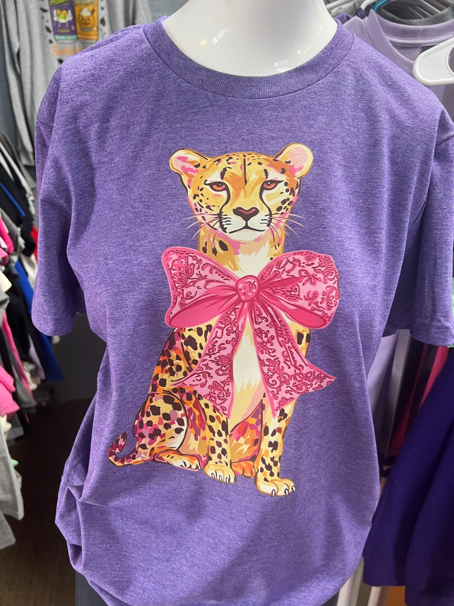 New unisex T-shirt Gilden soft style leopard pink bow purple