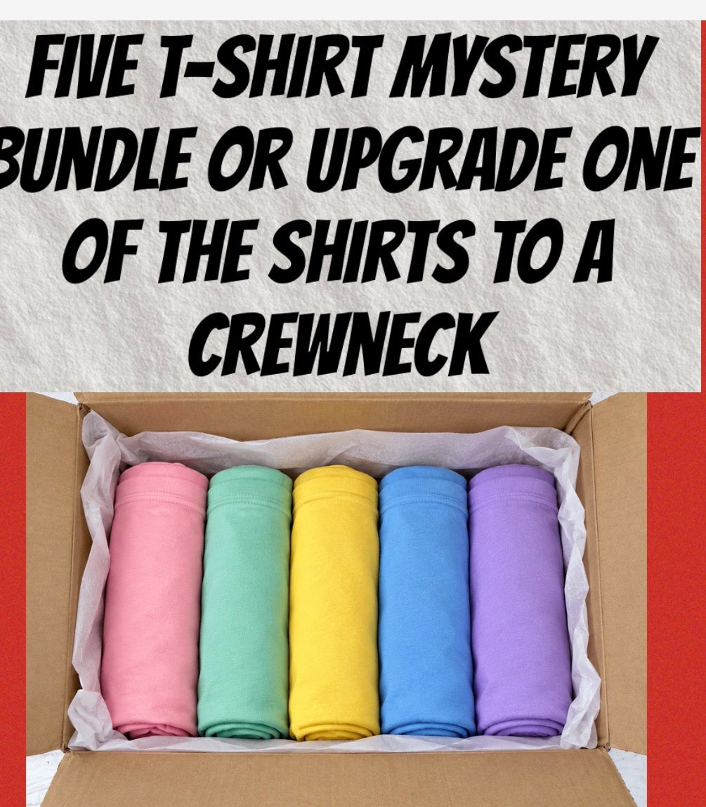 Five T-shirt mystery bundle or upgrade one of them to a crewneck ￼￼ unisex
