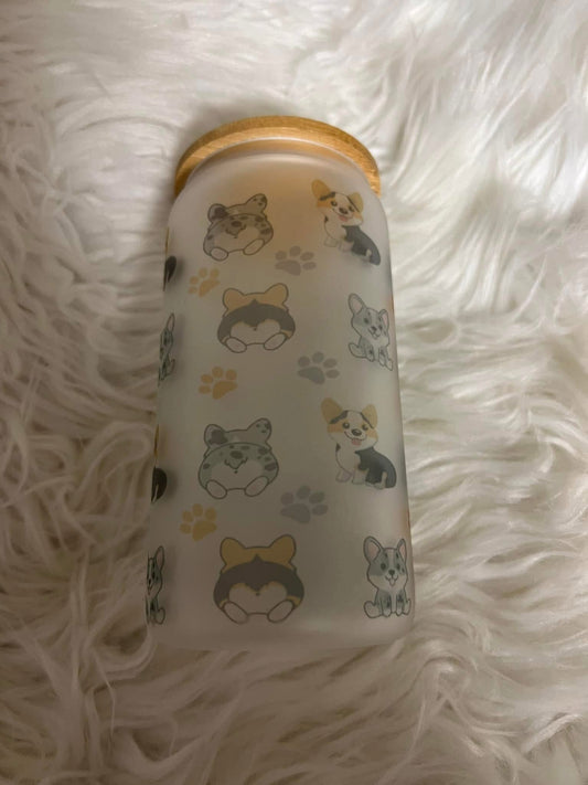 Brand new 16 ounce glass cup with plastic straw corgis