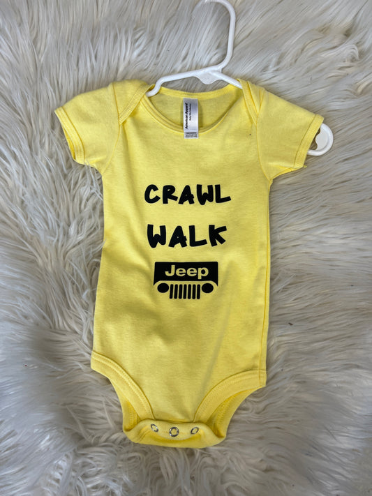 New baby onesie crawl, walk 4 x 4 yellow