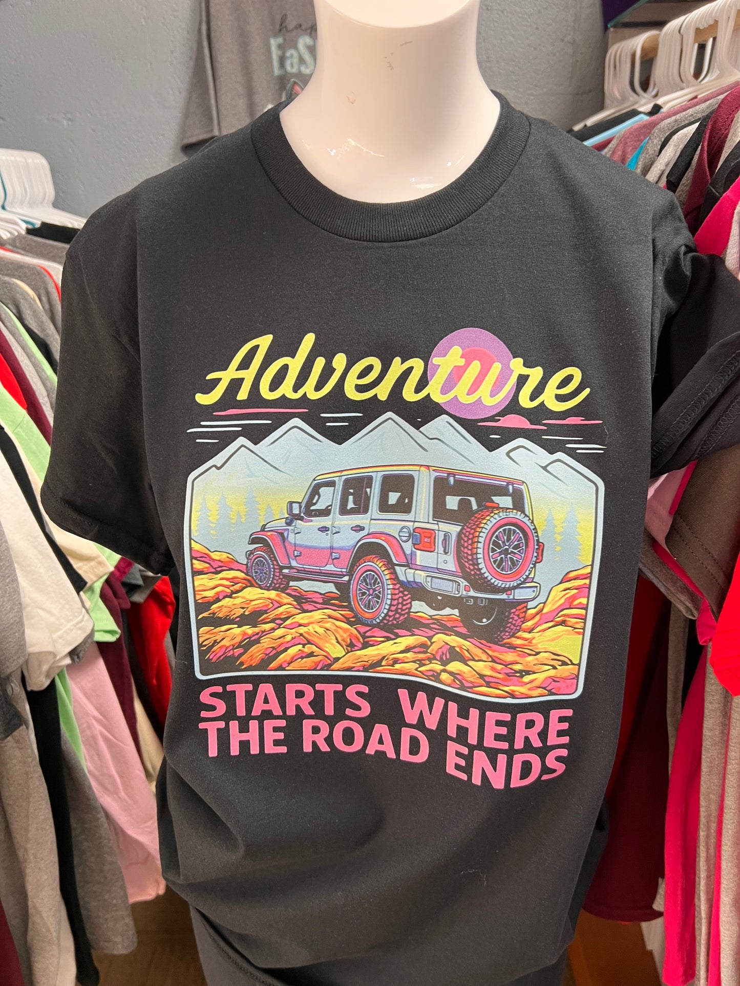 New unisex black adventure shirts, where the road ends ￼