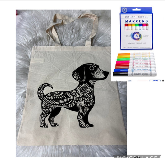 Canvas bag for drawing comes with a pack of markers dog