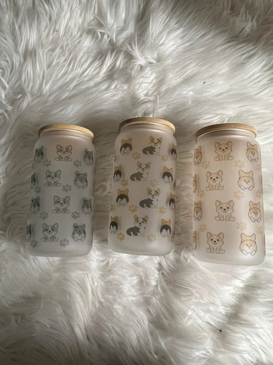 Brand new 16 ounce glass cup with plastic straw corgis
