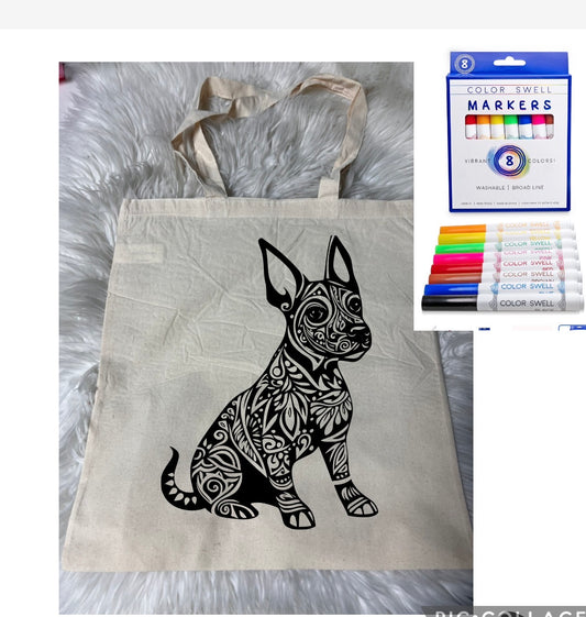 Canvas bag for drawing comes with a pack of markers dog