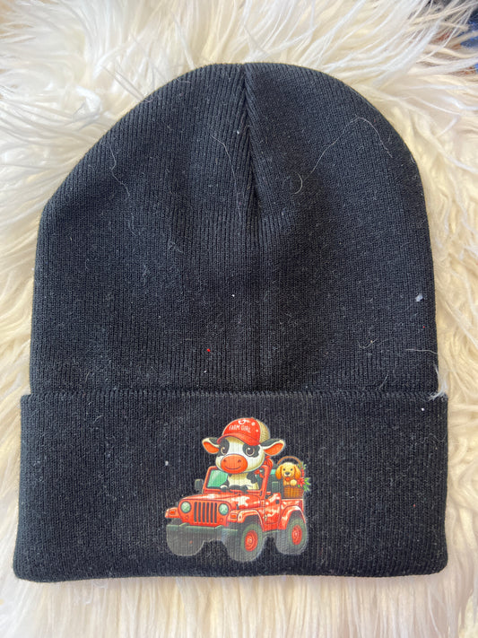 New 4 x 4 beanie pink cow