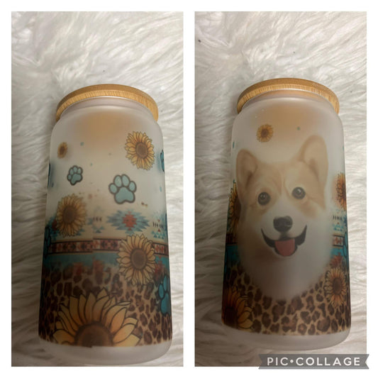 new 16 ounce glass cup with straw corgi