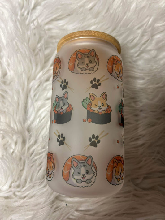 Brand new 16 ounce glass cup with plastic straw corgis