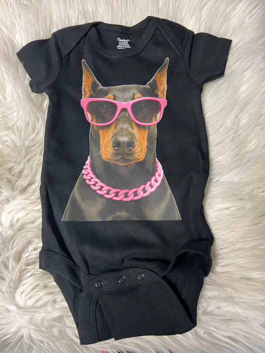 Onesie fancy Doberman with pink necklace glasses ￼