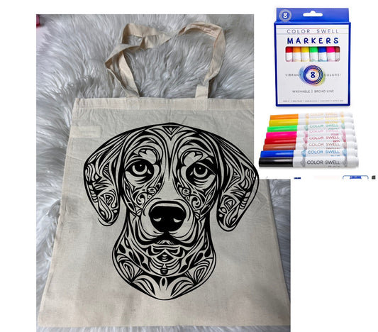 Canvas bag for drawing comes with a pack of markers dog