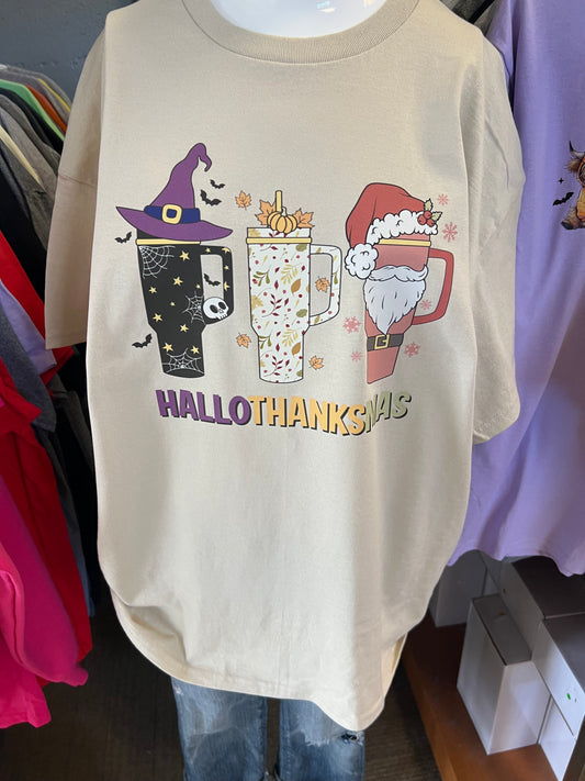 New  unisex T-shirt Halloween Thanksgiving, Christmas, all in one design 40 ounce Tumblr handles