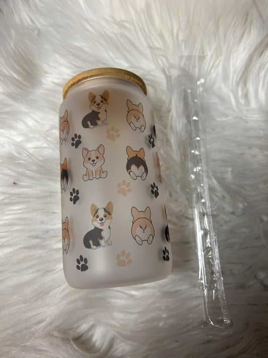 Brand new 16 ounce glass cup with plastic straw corgis