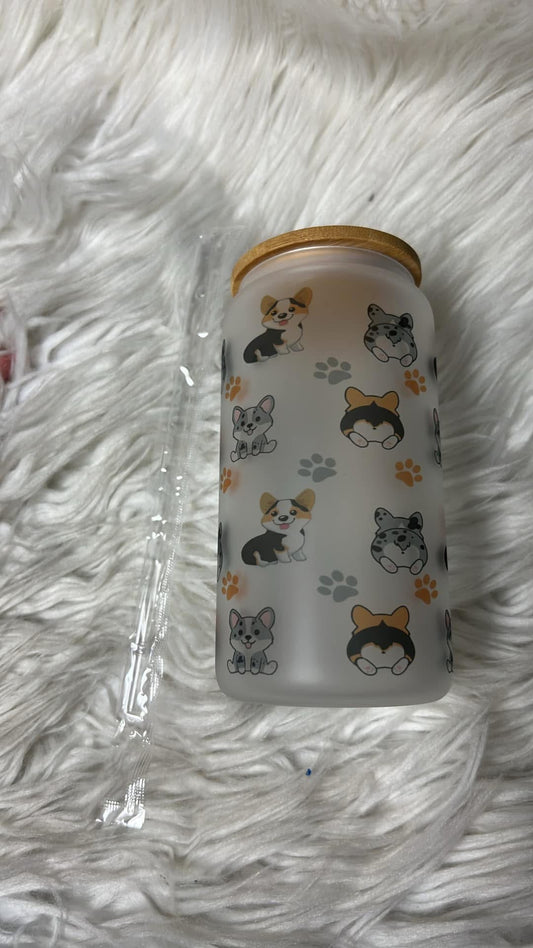 Brand new 16 ounce glass cup with plastic straw corgis