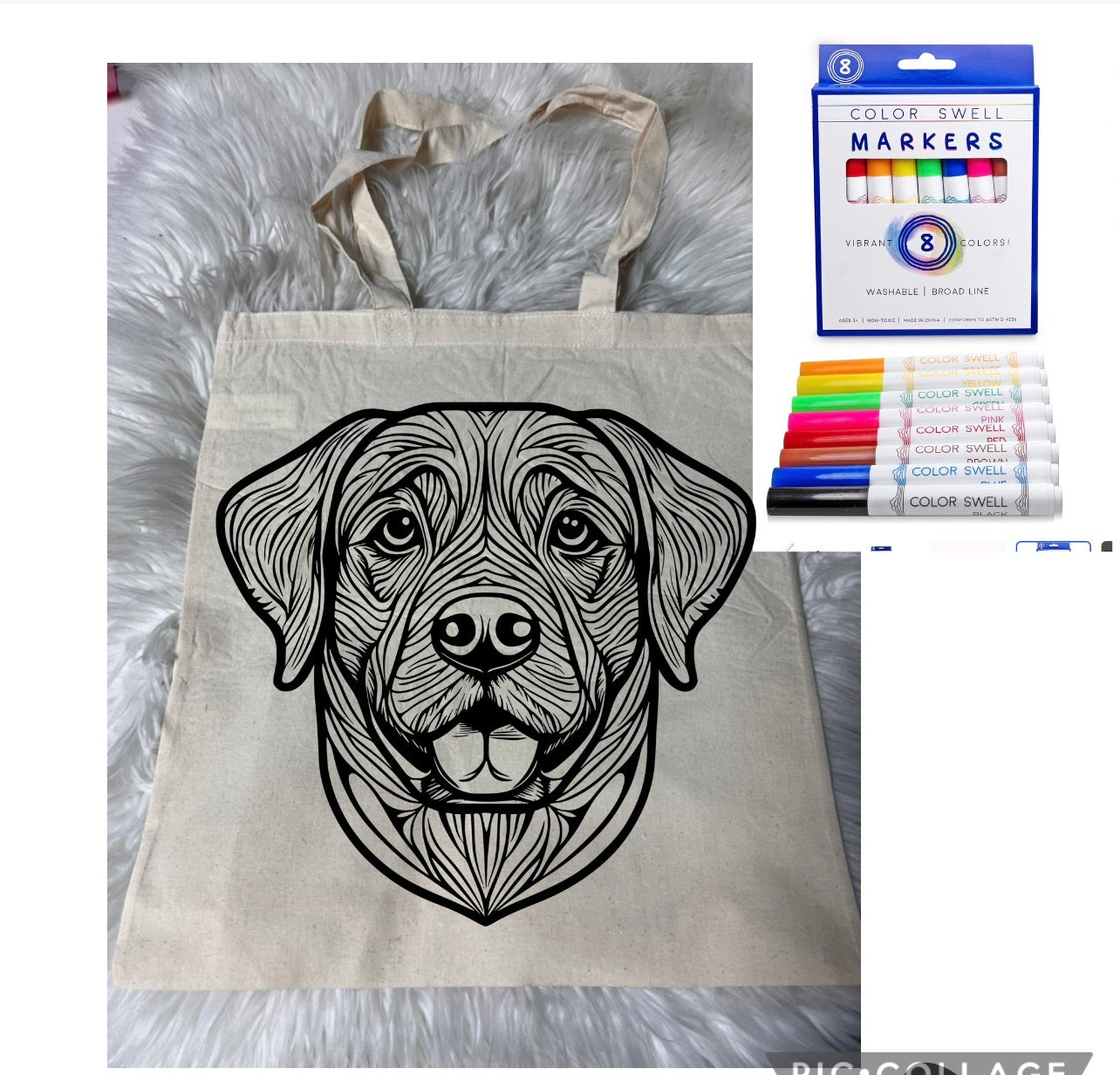 Canvas bag for drawing comes with a pack of markers dog