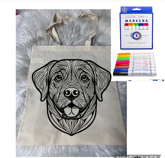 Canvas bag for drawing comes with a pack of markers dog