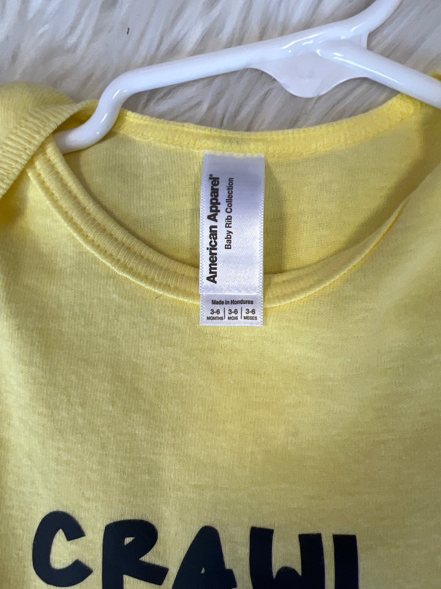 New baby onesie crawl, walk 4 x 4 yellow