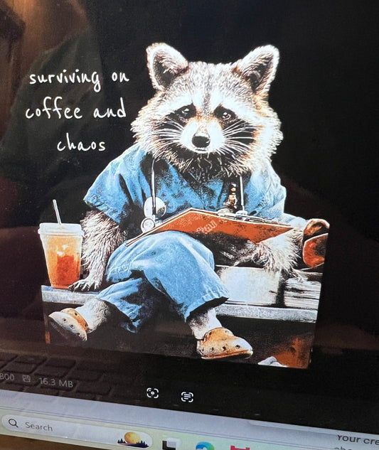 New DTF surviving on coffee and chaos raccoon nurse ￼