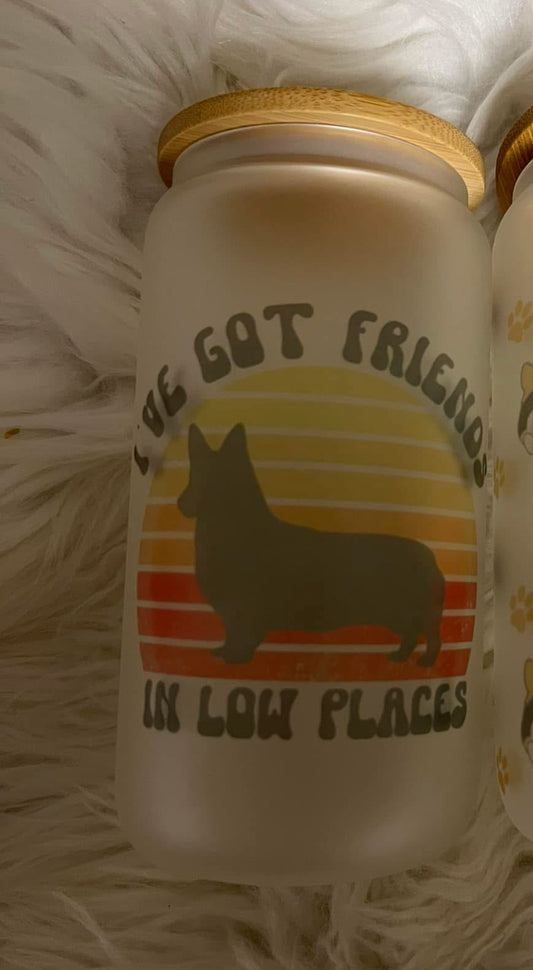 Brand new 16 ounce glass cup with plastic straw corgis