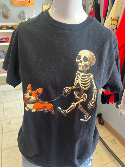 New  unisex skeleton walking the corgi Halloween