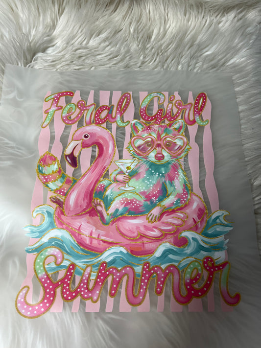 New DTF raccoon summer flamingo