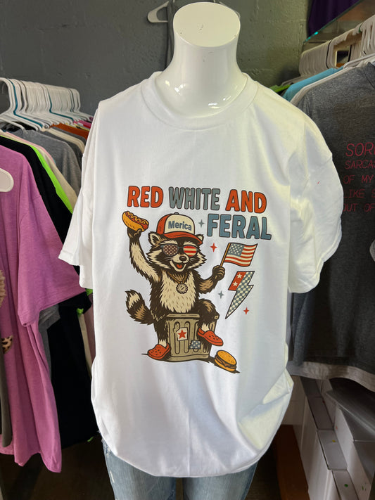 New Gilden unisex T-shirt Fourth of July red white feral raccoon