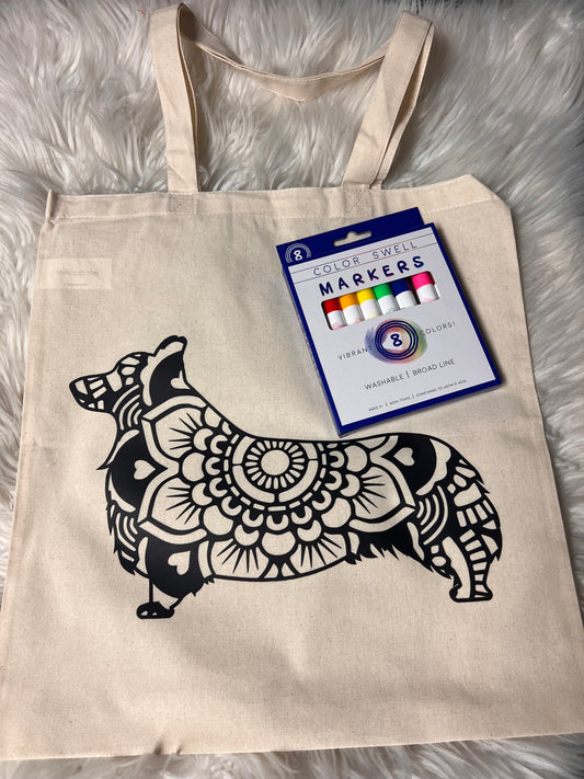 Canvas bag for drawing comes with a pack of markers corgi