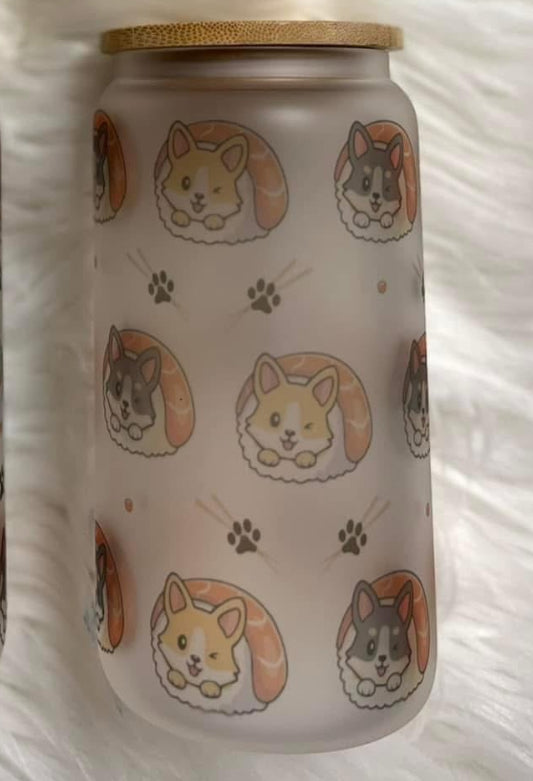 Brand new 16 ounce glass cup with plastic straw corgis