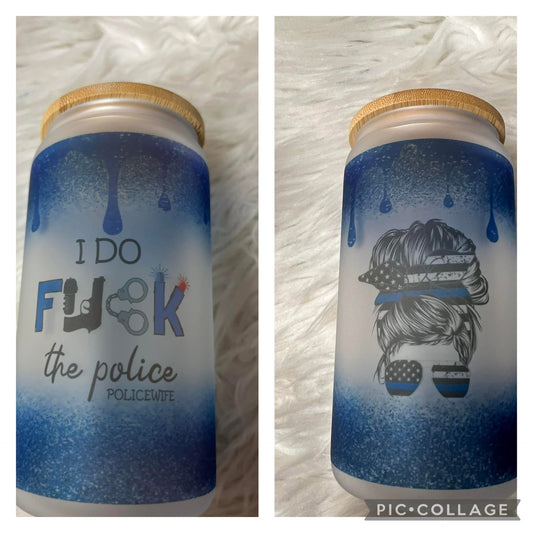 new 16 ounce glass cup with straw police wife