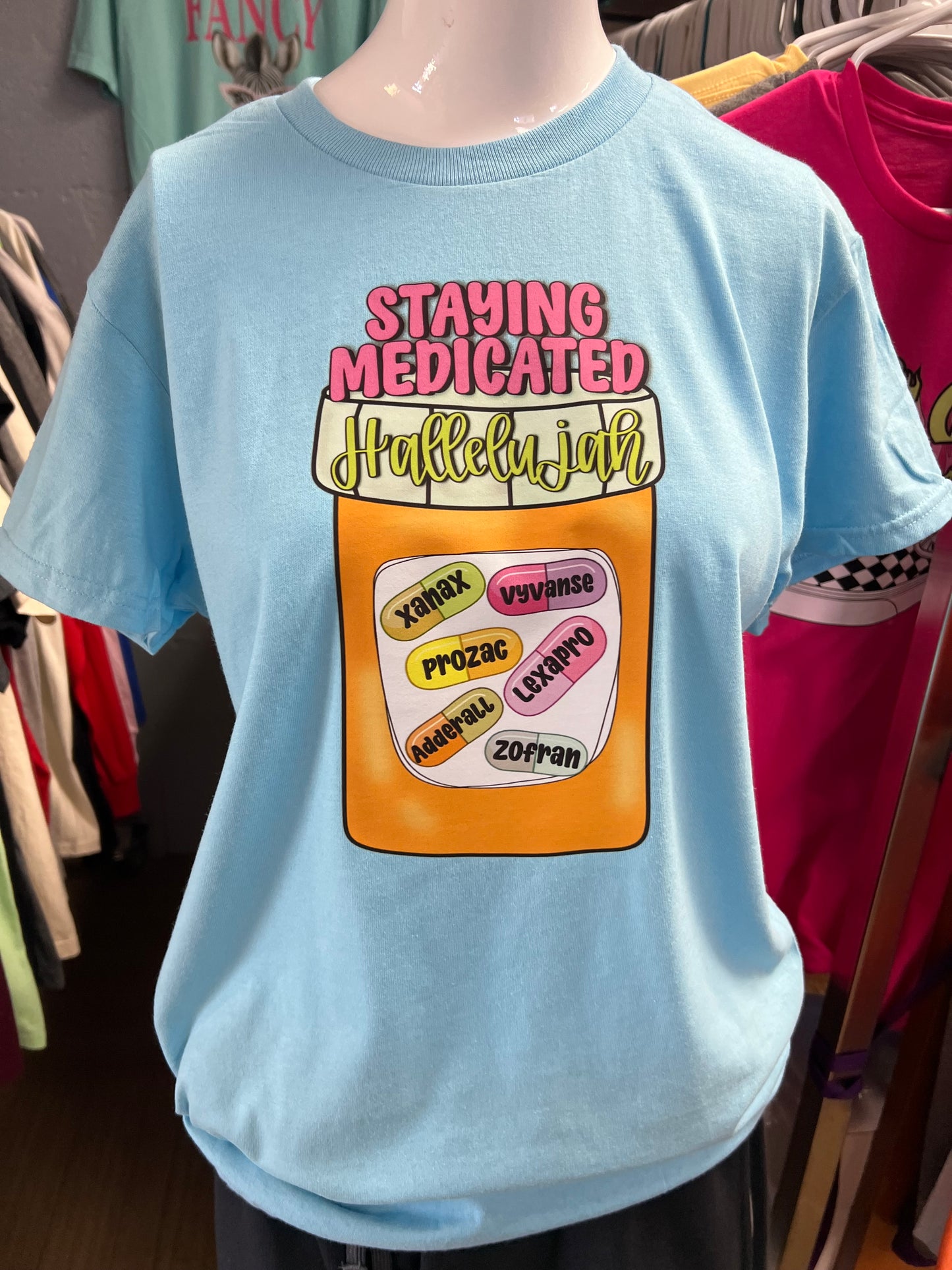Unisex new T-shirt light blue stay in medicated hallelujah
