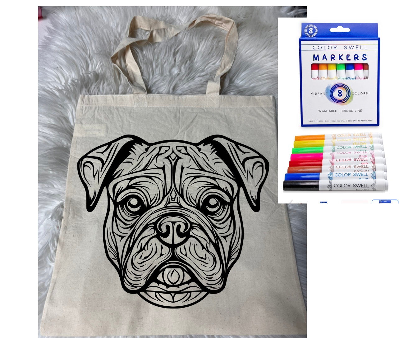 Canvas bag for drawing comes with a pack of markers dog