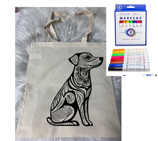 Canvas bag for drawing comes with a pack of markers dog