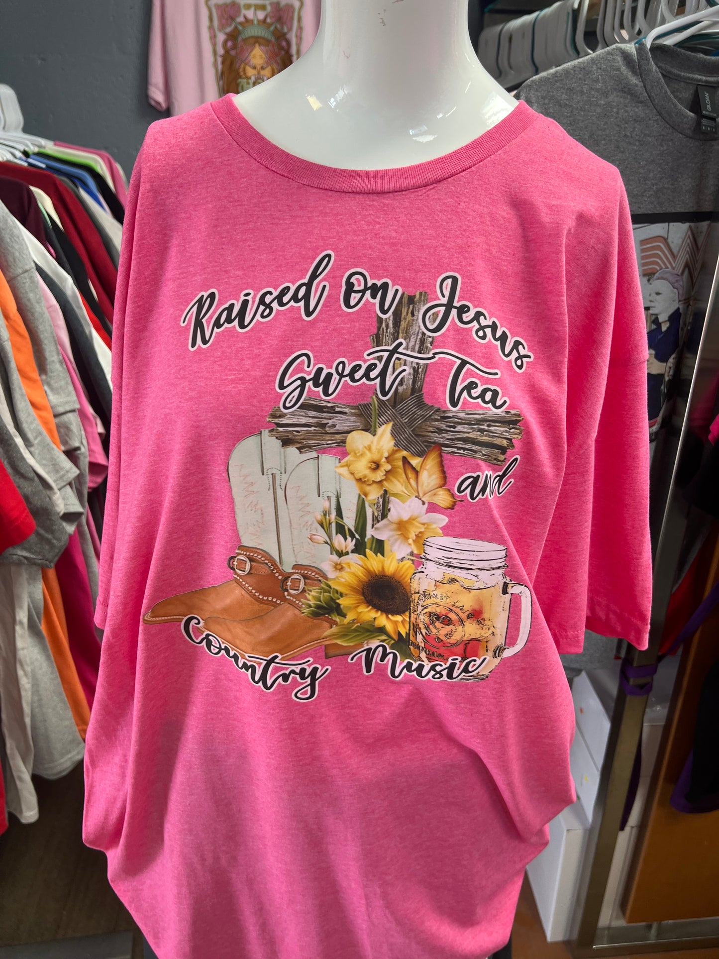 New  unisex T-shirt Gilden soft style raised on Jesus and sweet tea country music ￼