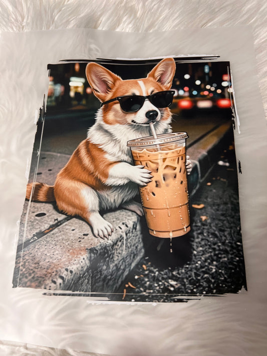 New DTF corgi iced coffee ￼