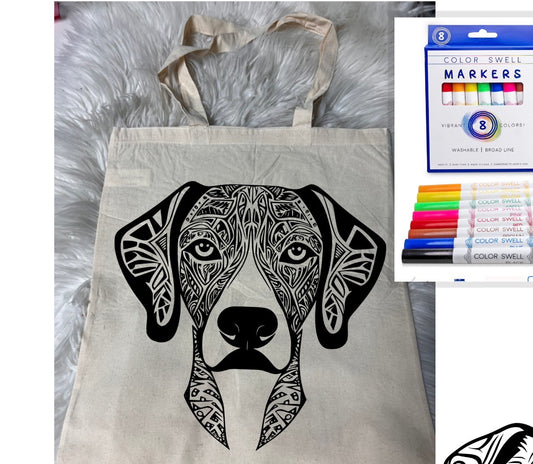 Canvas bag for drawing comes with a pack of markers dog