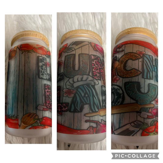 new 16 ounce glass cup with straw lunch lady