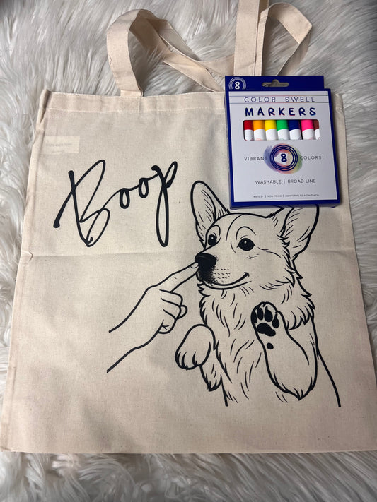 Canvas bag for drawing comes with a pack of markers corgi