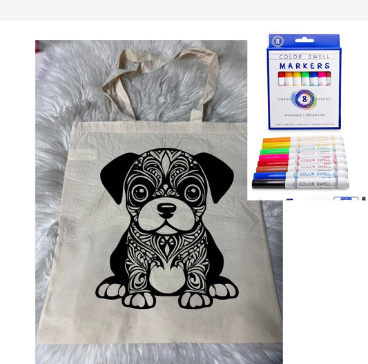 Canvas bag for drawing comes with a pack of markers dog