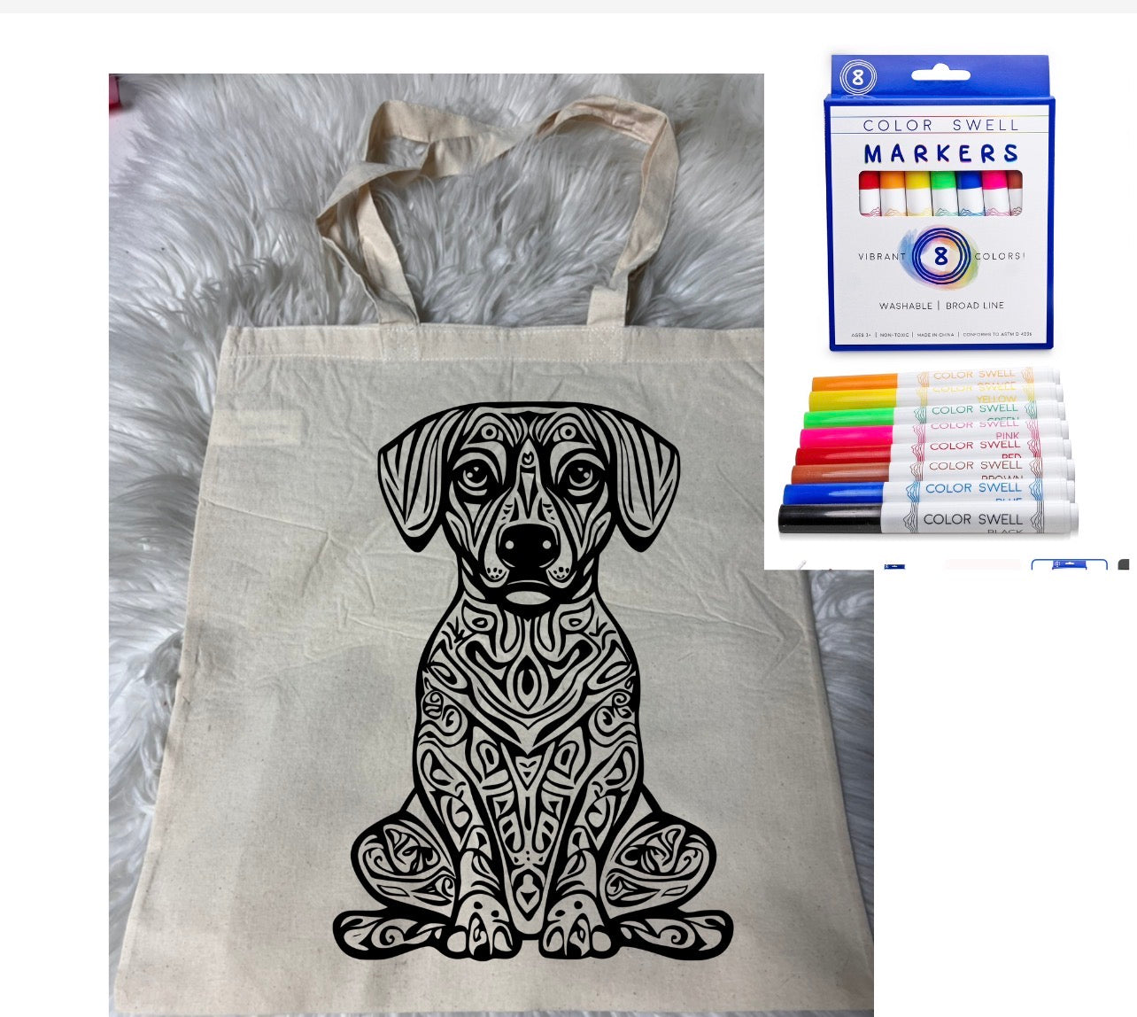 Canvas bag for drawing comes with a pack of markers dog
