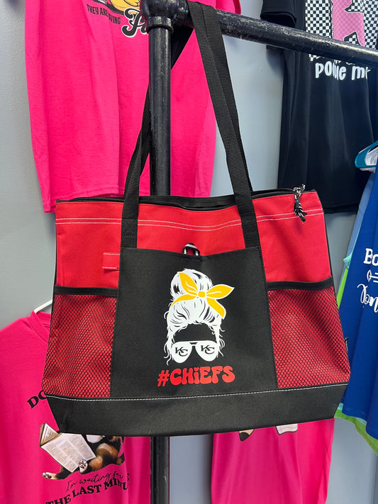New red tote messy bun of  football