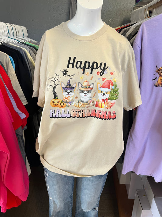 Corgi New  unisex T-shirt Halloween Thanksgiving, Christmas, all in one design