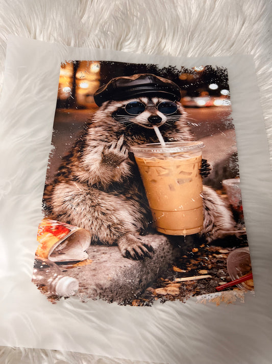 New funny DTF raccoon iced coffee