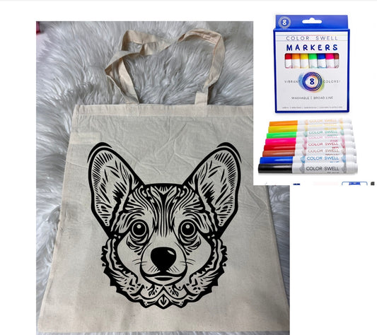 Canvas bag for drawing comes with a pack of markers dog