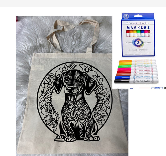 Canvas bag for drawing comes with a pack of markers dog