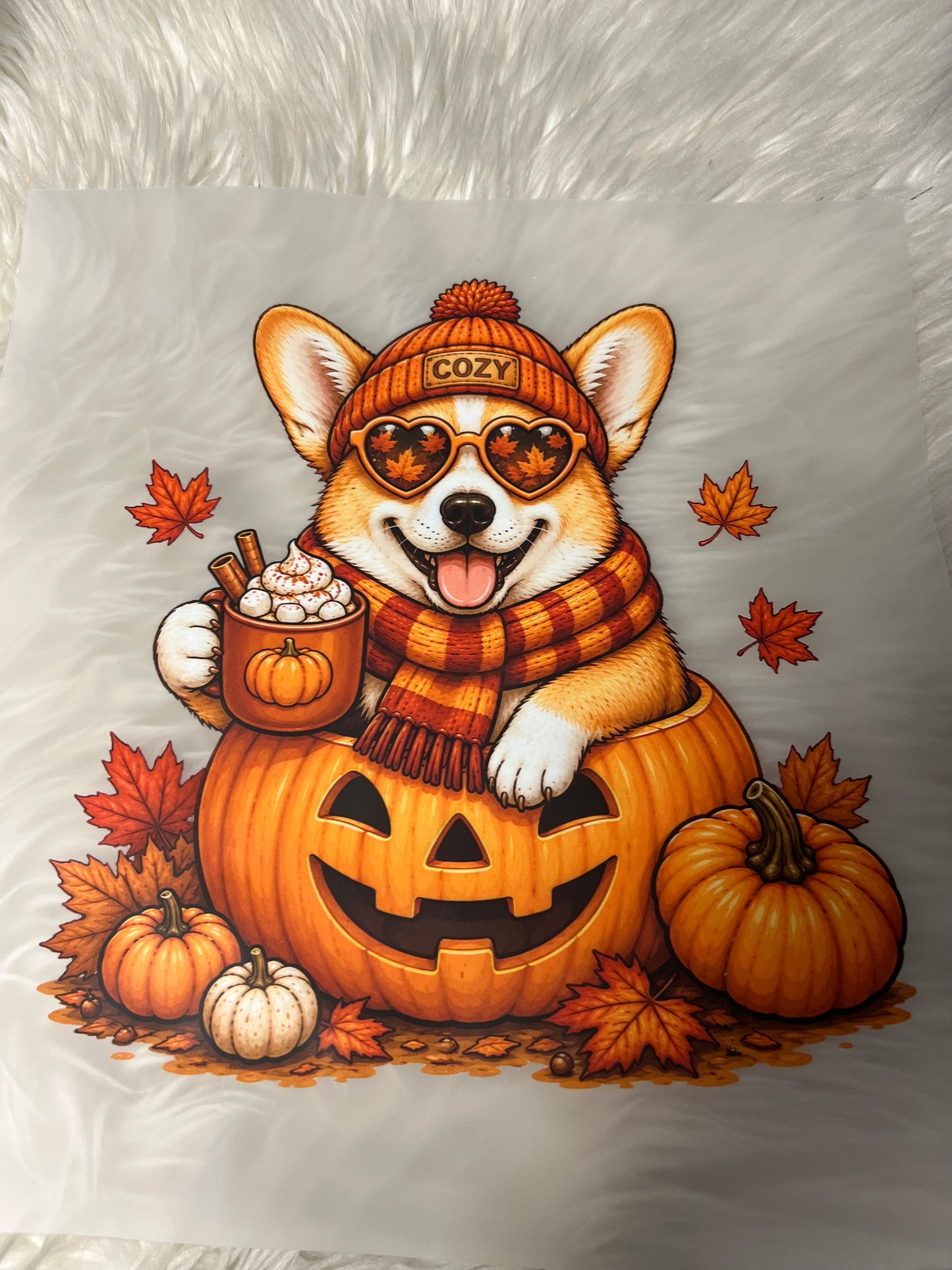 New DTF corgi autumn, pumpkin fall coffee ￼
