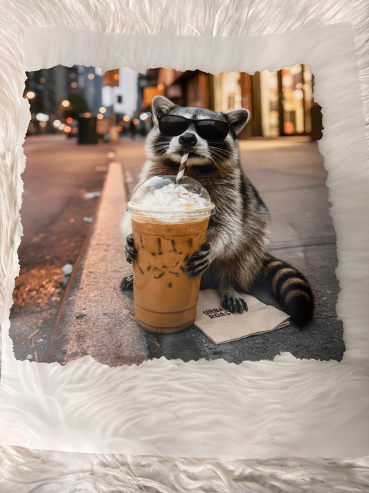 New funny DTF raccoon iced coffee