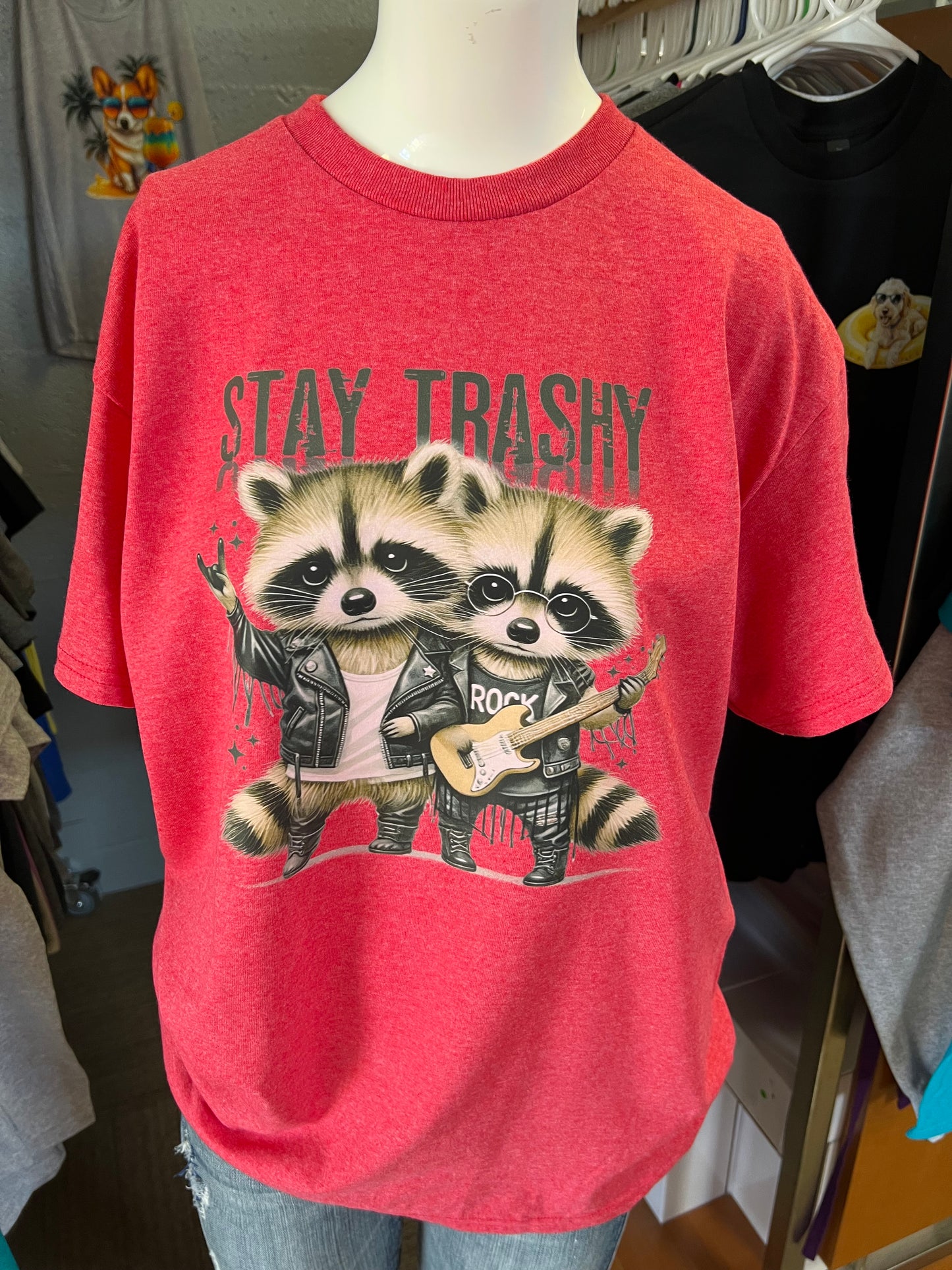 Brand new unisex T-shirt stay trashy, rocker raccoons