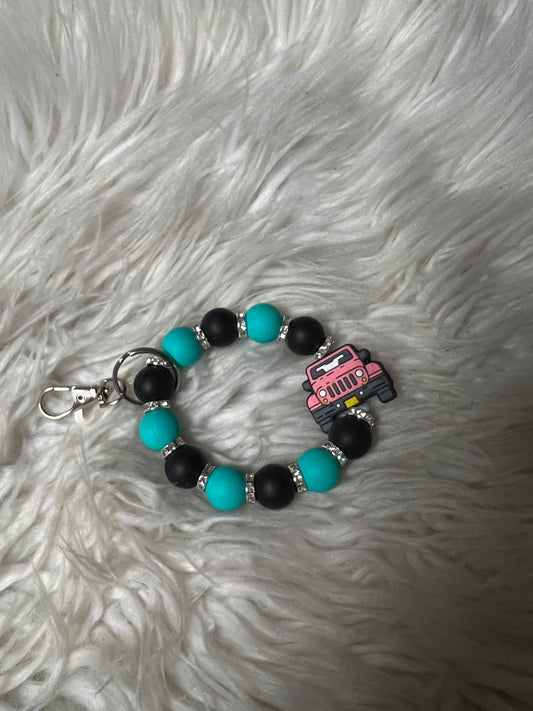 New keychain bracelet road vehicle pink vehicle with black and teal beads