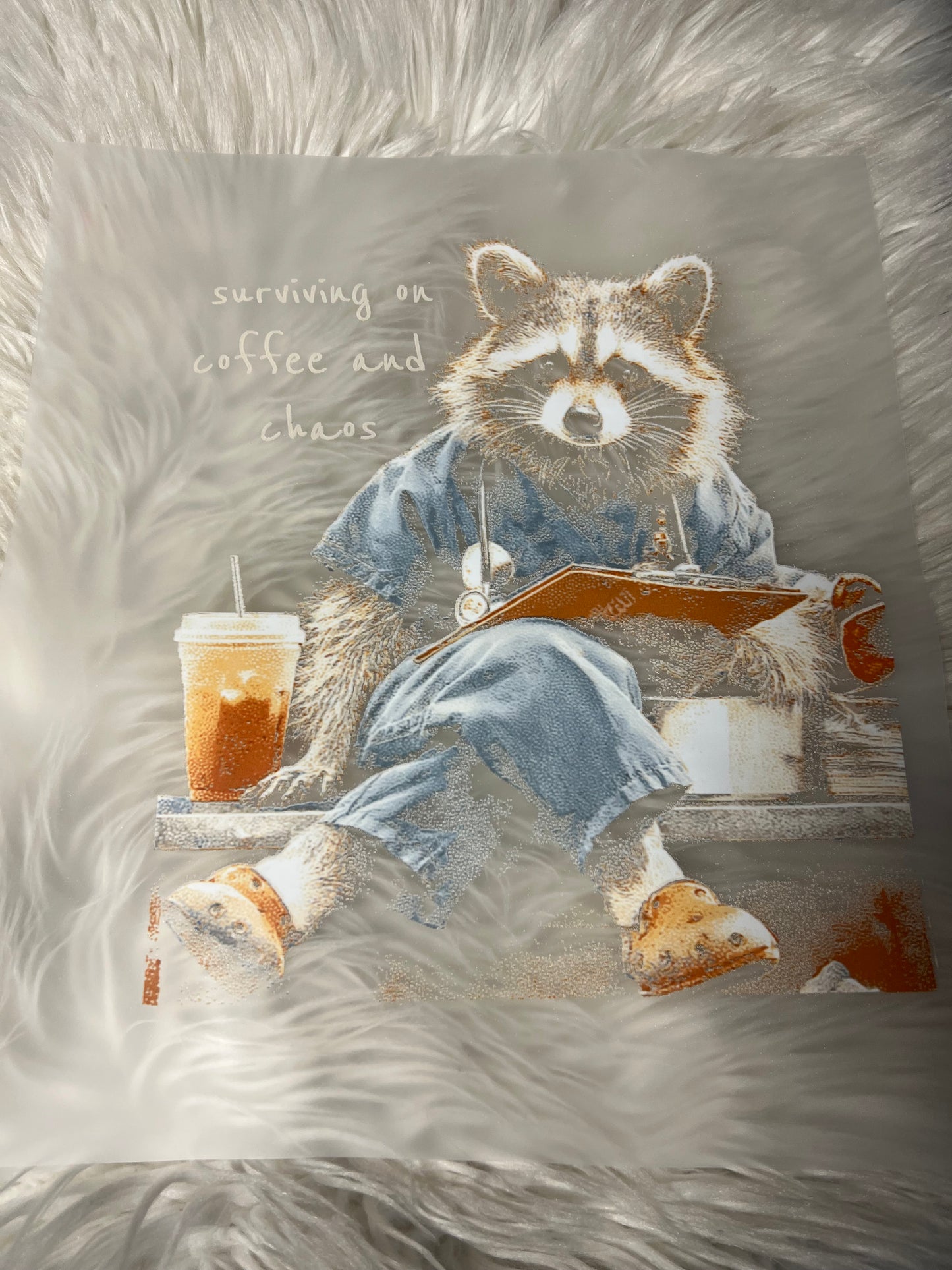 New DTF surviving on coffee and chaos raccoon nurse blackout design ￼